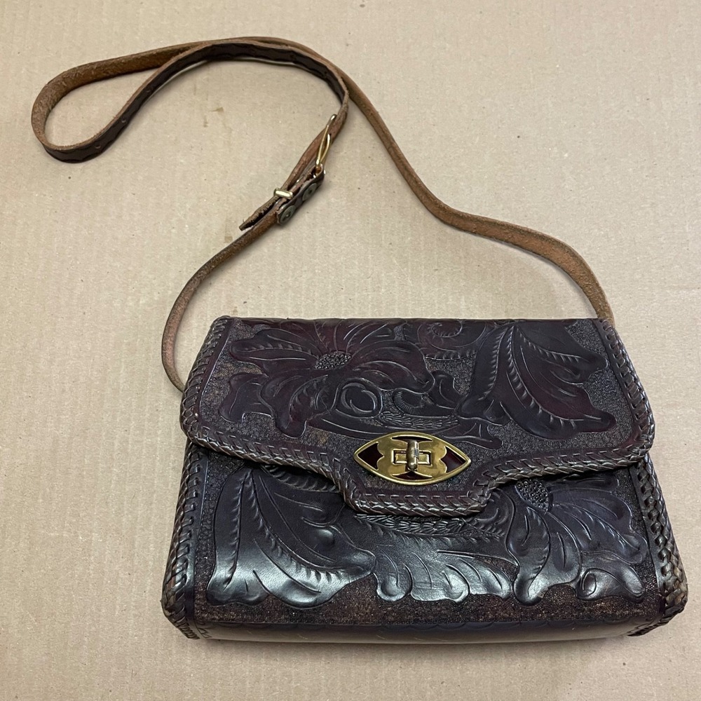 Vintage Jo-O-Kay Hand Tooled Leather Crossbody Saddle Bag Whipstitch Floral
